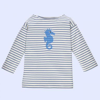 Shirt blau gestreift mit gesticktem Seepferdchen in blau
